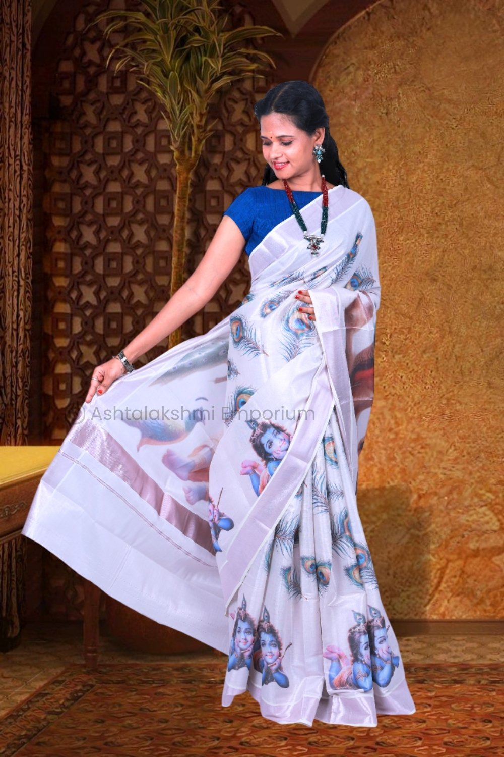 Rose Gold with Digital Print Krishna and Peacock Cotton Tissue Saree