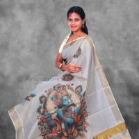 BCH Gold with Peacock Feather Digital Print Design Cotton Tissue Saree