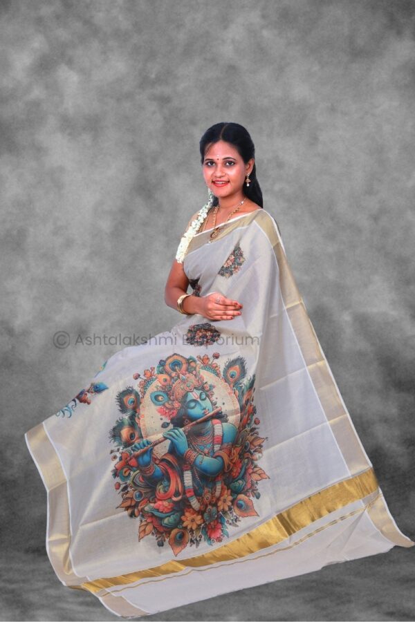 BCH Gold with Peacock Feather Digital Print Design Cotton Tissue Saree
