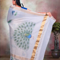 Copper with Small Peacock Digital Print Cotton Tissue Saree