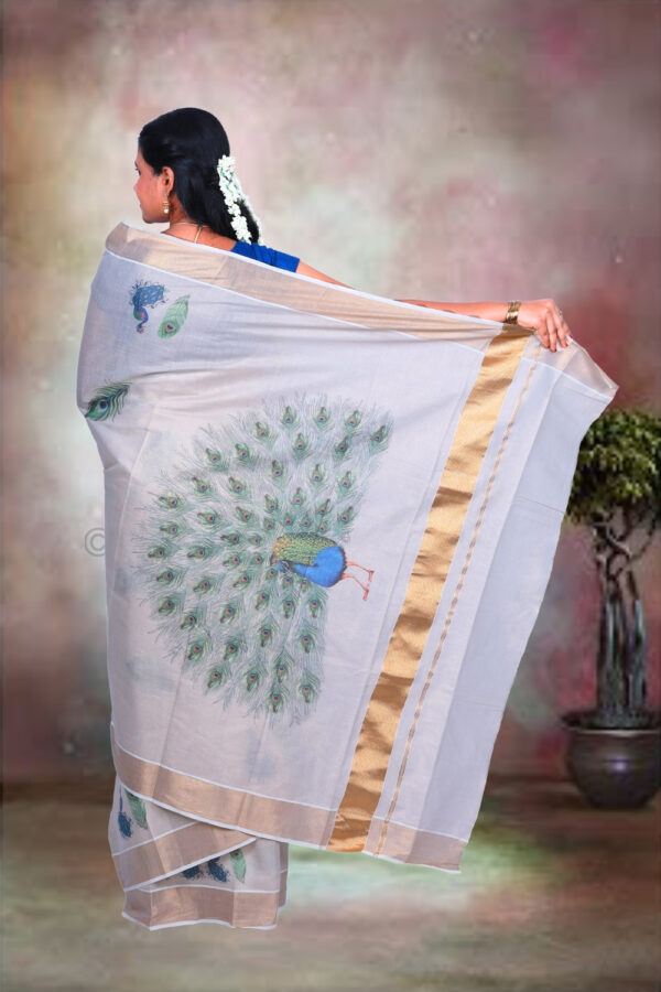 Copper with Small Peacock Digital Print Cotton Tissue Saree