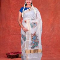 Copper Lines with Krishna n Flute Digital Print Design Cotton Tissue Saree