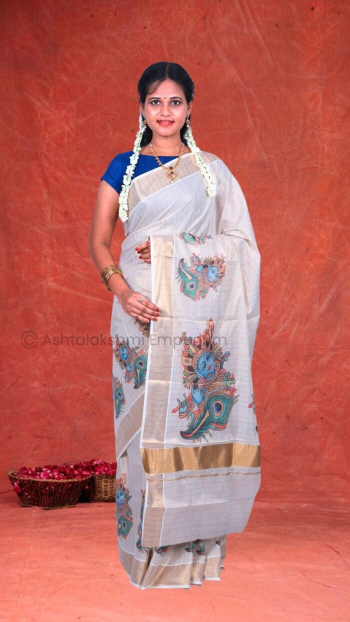 Copper Lines with Krishna n Flute Digital Print Design Cotton Tissue Saree
