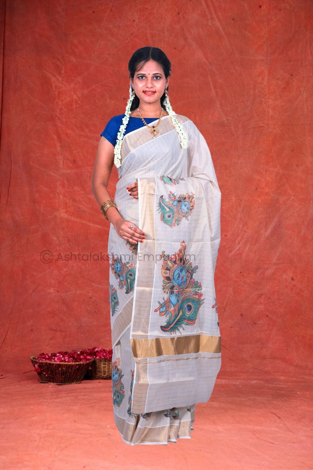 Copper Lines with Krishna n Flute Digital Print Design Cotton Tissue Saree