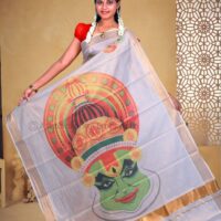 Copper with Kathakali Face Digital Print Cotton Tissue Saree