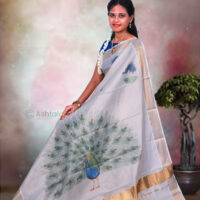 Copper with Small Peacock Digital Print Cotton Tissue Saree