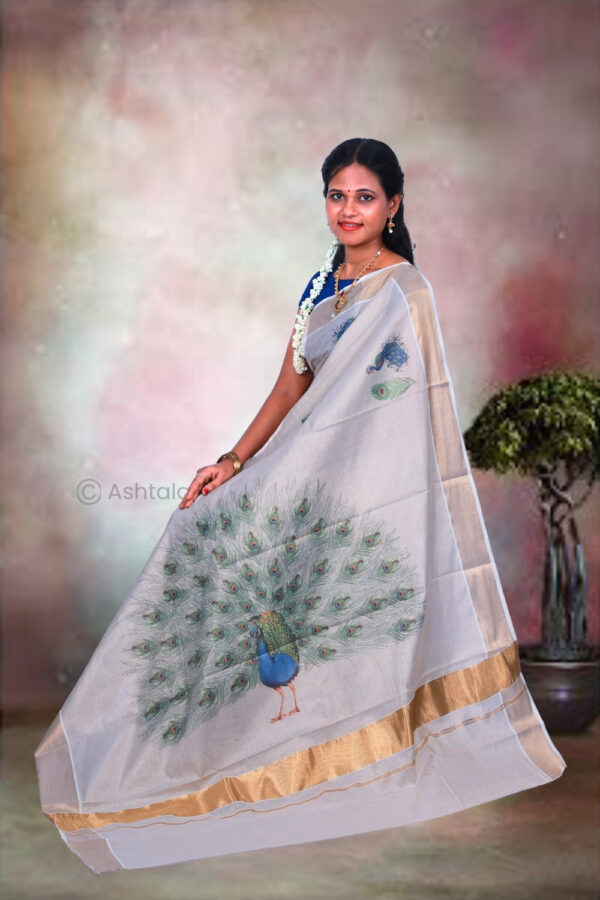Copper with Small Peacock Digital Print Cotton Tissue Saree