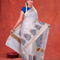 Copper Lines with Krishna n Flute Digital Print Design Cotton Tissue Saree