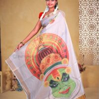 Copper with Kathakali Face Digital Print Cotton Tissue Saree