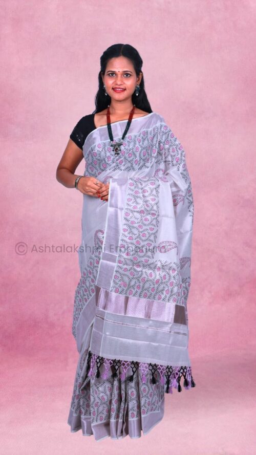 Rose Gold – Block Print Design Cotton Tissue saree