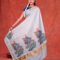 Copper Lines with Krishna n Flute Digital Print Design Cotton Tissue Saree