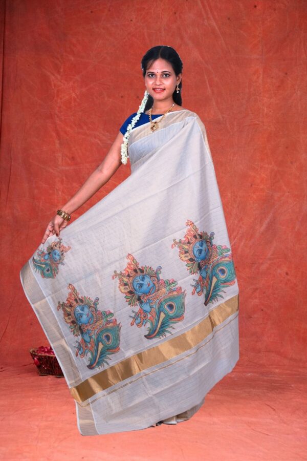 Copper Lines with Krishna n Flute Digital Print Design Cotton Tissue Saree