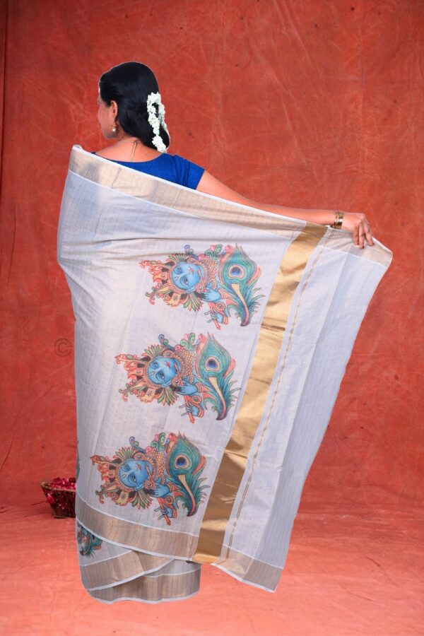 Copper Lines with Krishna n Flute Digital Print Design Cotton Tissue Saree
