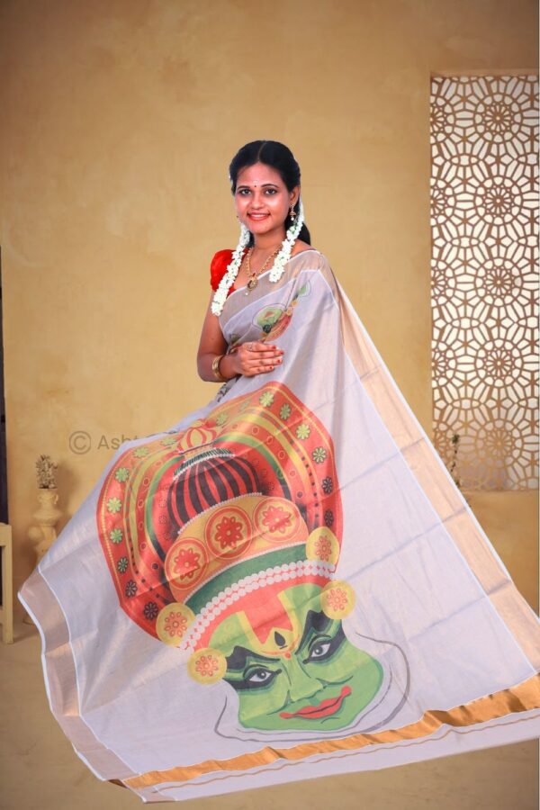 Copper with Kathakali Face Digital Print Cotton Tissue Saree