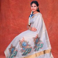 Copper Lines with Krishna n Flute Digital Print Design Cotton Tissue Saree