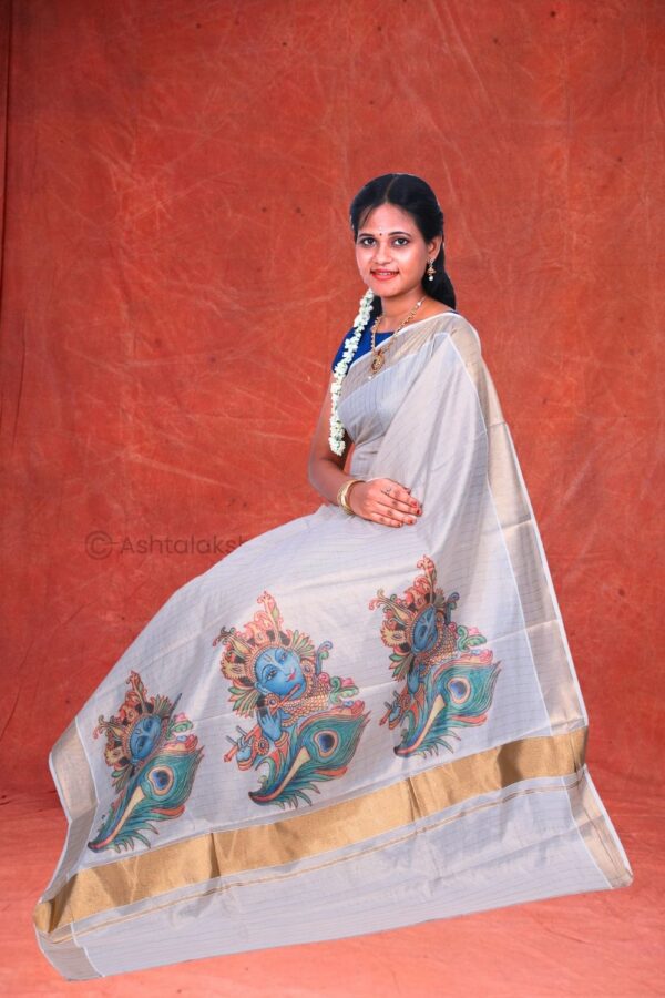 Copper Lines with Krishna n Flute Digital Print Design Cotton Tissue Saree