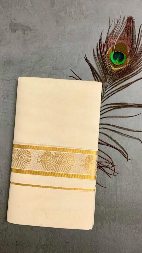 Cotton Grey – Jacquard Weave – Gold Border – Peacock Design Dhoti