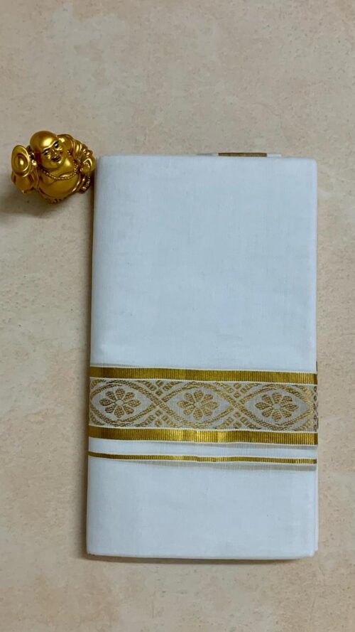 Cotton Bleach – Jacquard Weave - Gold Border – Floral Design Dhoti