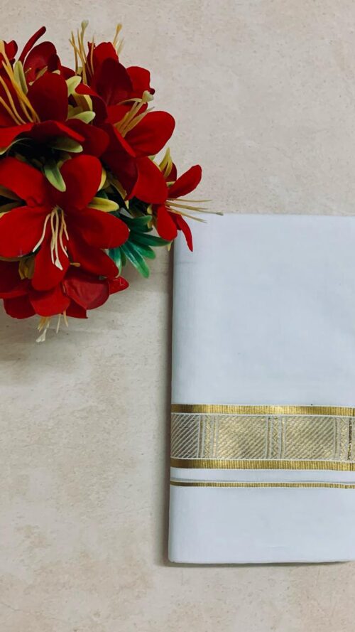 Cotton Bleach – Jacquard Weave - Gold Border – Checked Design Dhoti