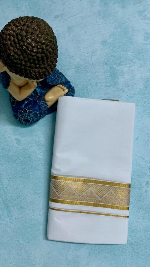 Cotton Bleach – Jacquard Weave - Gold Border – Pyramid Design Dhoti