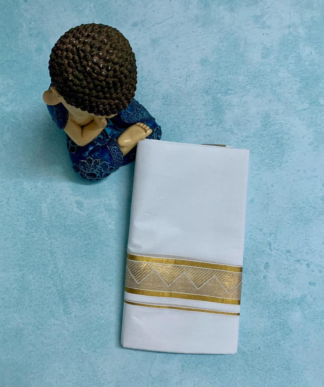 Cotton Bleach – Jacquard Weave - Gold Border – Pyramid Design Dhoti