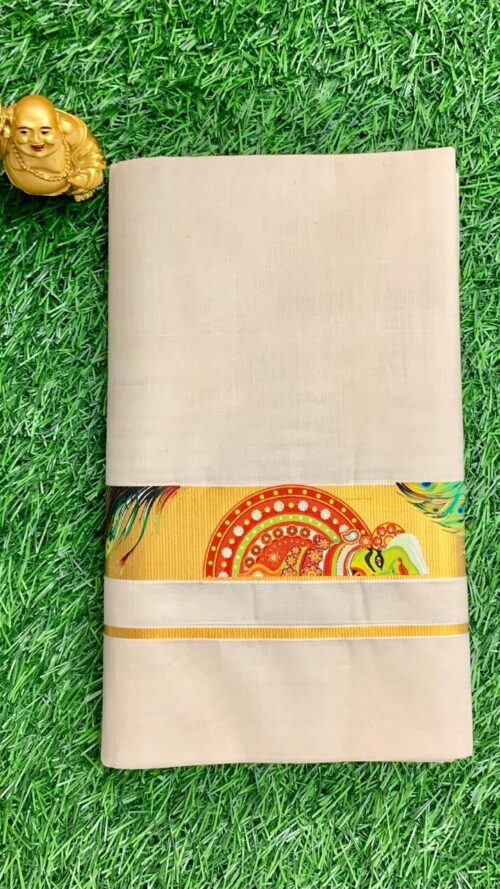 Cotton Grey – 1 ½ Inch Gold – Kathakali Print Design Dhoti