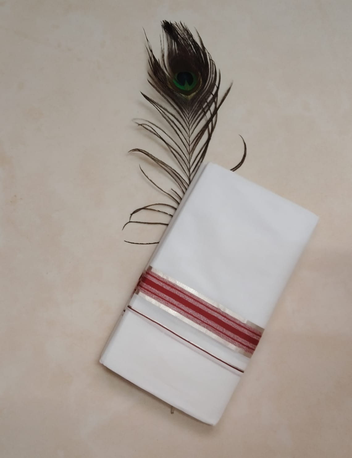 Cotton Bleach-Silver with Red Border Dhoti