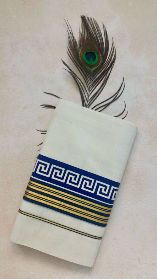 Cotton Grey – Print Design- Gold Border with Blue Design Dhoti