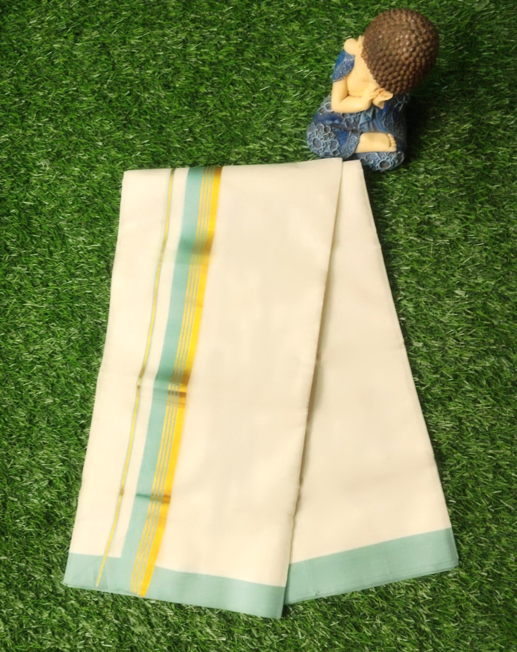Cotton Grey Gold & Pale Green Border Dhoti