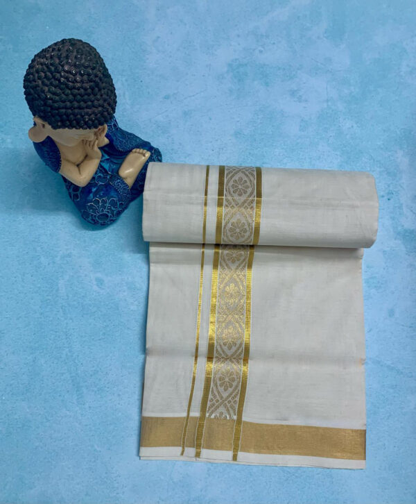 Cotton Grey – Jacquard Weave – Gold Border – Floral Design Dhoti