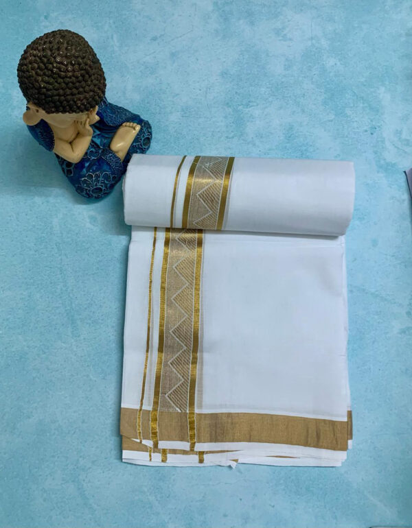 Cotton Bleach – Jacquard Weave - Gold Border – Pyramid Design Dhoti