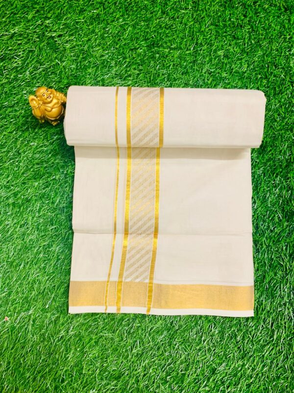 Cotton Bleach – Jacquard Weave – Gold Border – Side Line Design Dhoti