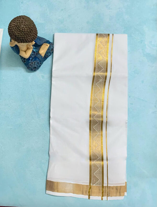 Cotton Bleach – Jacquard Weave - Gold Border – Pyramid Design Dhoti