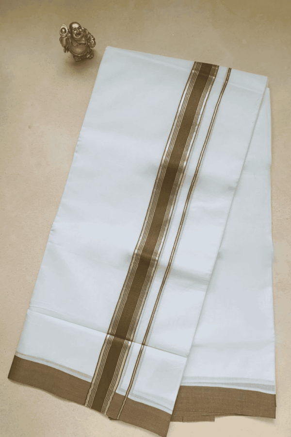 Cotton Bleech – Silver with Biscuit Brown Border Dhoti