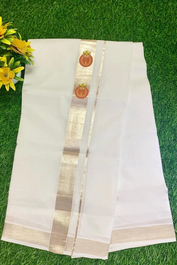 Cotton Bleech – 1 ½ Inch Silver Border with Kathakali Small Print Dhoti
