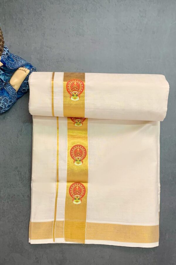 Cotton Grey – 1 ½ Inch Gold – Kathakali Small Print Dhoti
