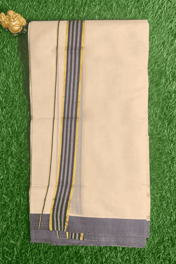 Cotton Grey – Gold Border with Blue Linings Dhoti