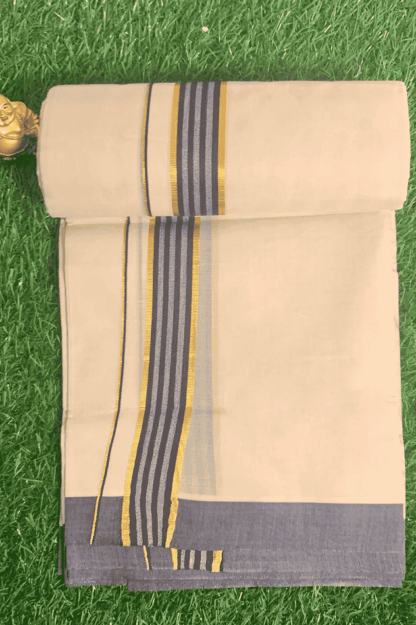 Cotton Grey – Gold Border with Blue Linings Dhoti