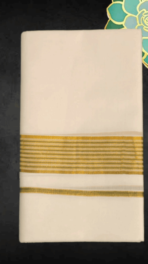 Cotton Bleech - Fancy – Gold Border with Green Linings Dhoti