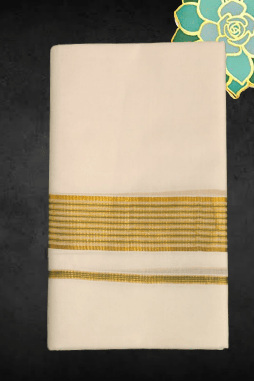 Cotton Bleech - Fancy – Gold Border with Green Linings Dhoti