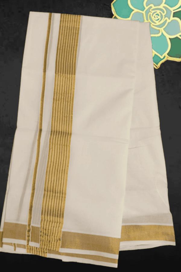Cotton Bleech - Fancy – Gold Border with Green Linings Dhoti