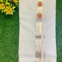 Cotton Bleech – 1 ½ Inch Silver Border with Kathakali Small Print Dhoti
