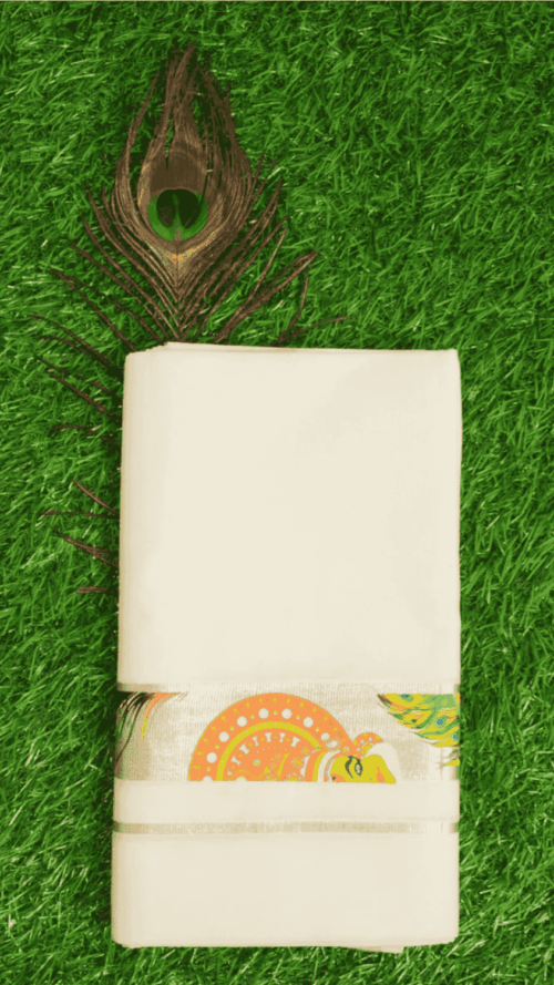 Cotton Bleech – 1 ½ Inch Silver Border – Kathakali Print Dhoti