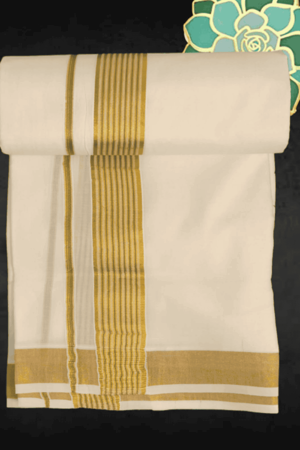 Cotton Bleech - Fancy – Gold Border with Green Linings Dhoti