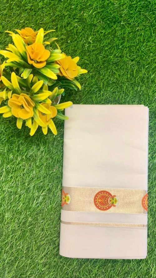 Cotton Bleech – 1 ½ Inch Silver Border with Kathakali Small Print Dhoti