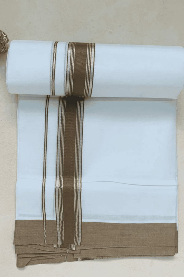 Cotton Bleech – Silver with Biscuit Brown Border Dhoti