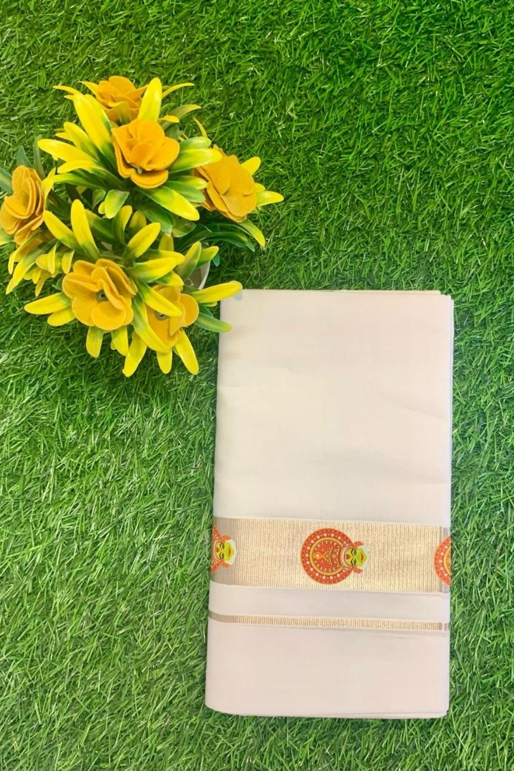 Cotton Bleech – 1 ½ Inch Silver Border with Kathakali Small Print Dhoti