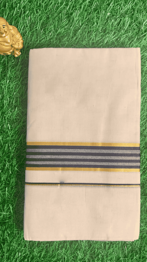 Cotton Grey – Gold Border with Blue Linings Dhoti