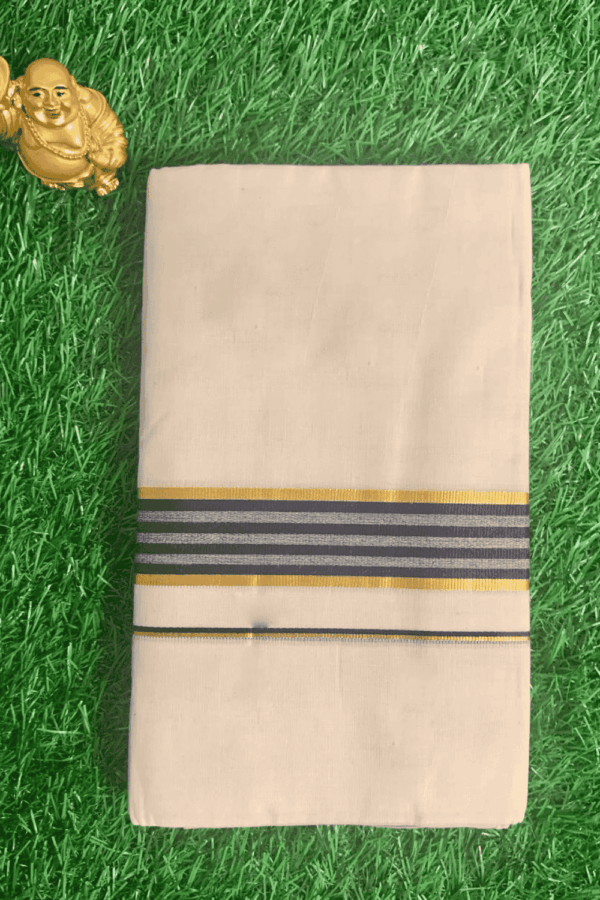 Cotton Grey – Gold Border with Blue Linings Dhoti