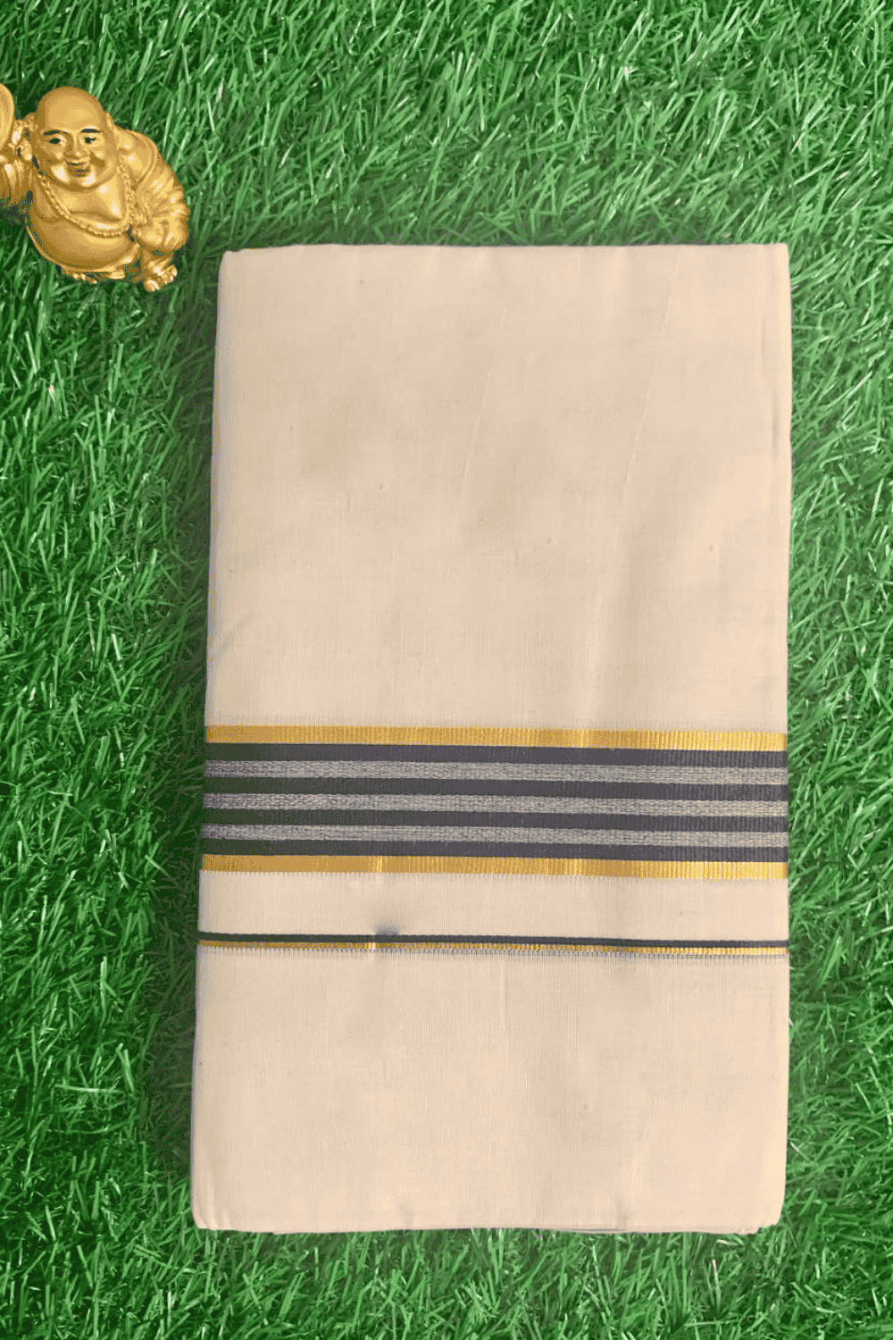 Cotton Grey – Gold Border with Blue Linings Dhoti